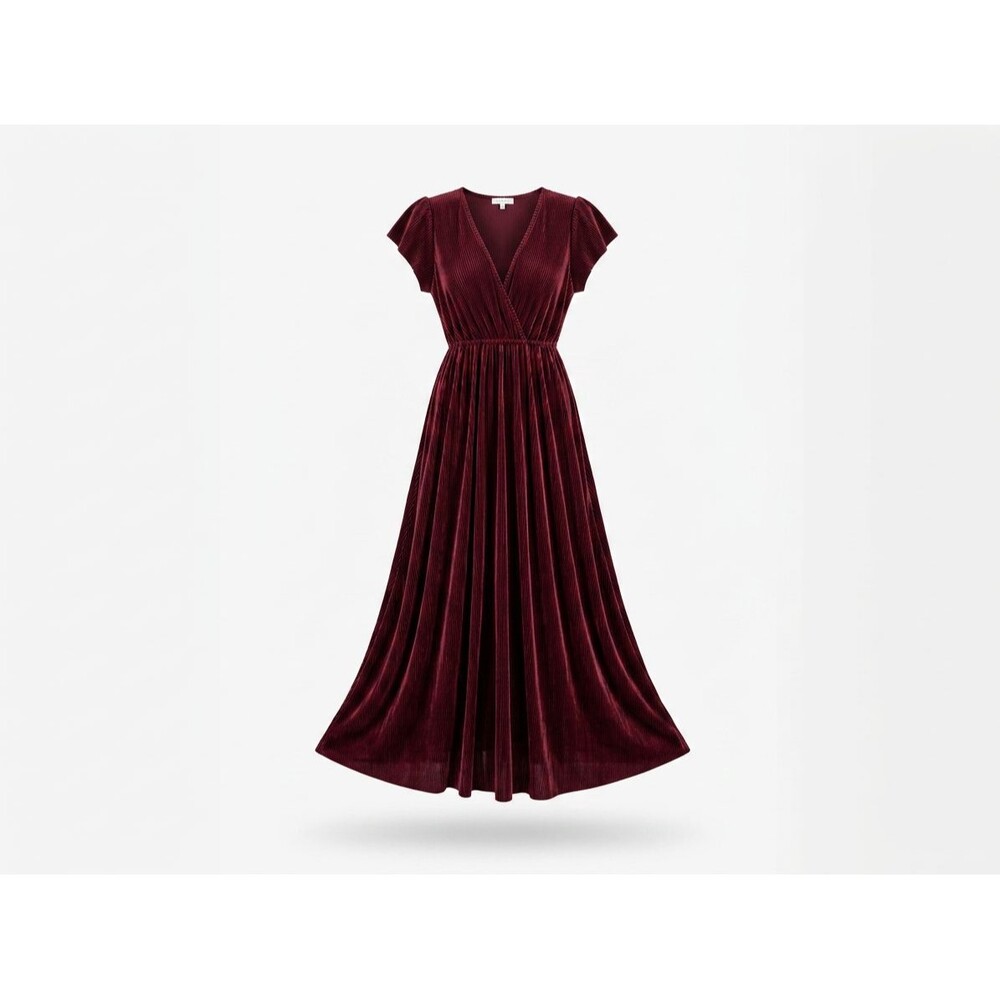 Baltic Born Burgundy Plisse Maxi Dress Women's XL Velvet Texture Pleated V-Neck